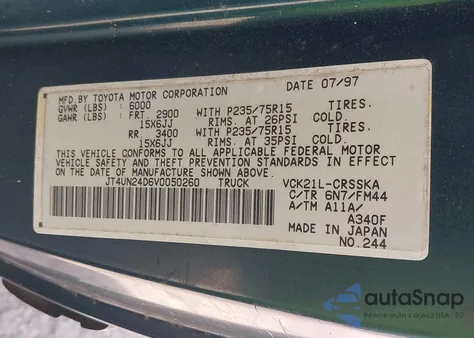 1997 Toyota T100 Sr5 V6 from USA, damaged, VIN JT4UN24D6V0050260